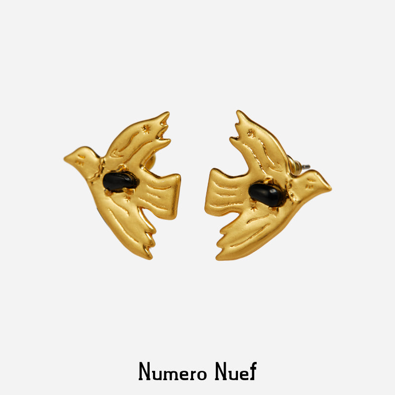 Numero Nuef Liberty Dove series of ancient Greek natural gem inlaid star and moon dove earrings