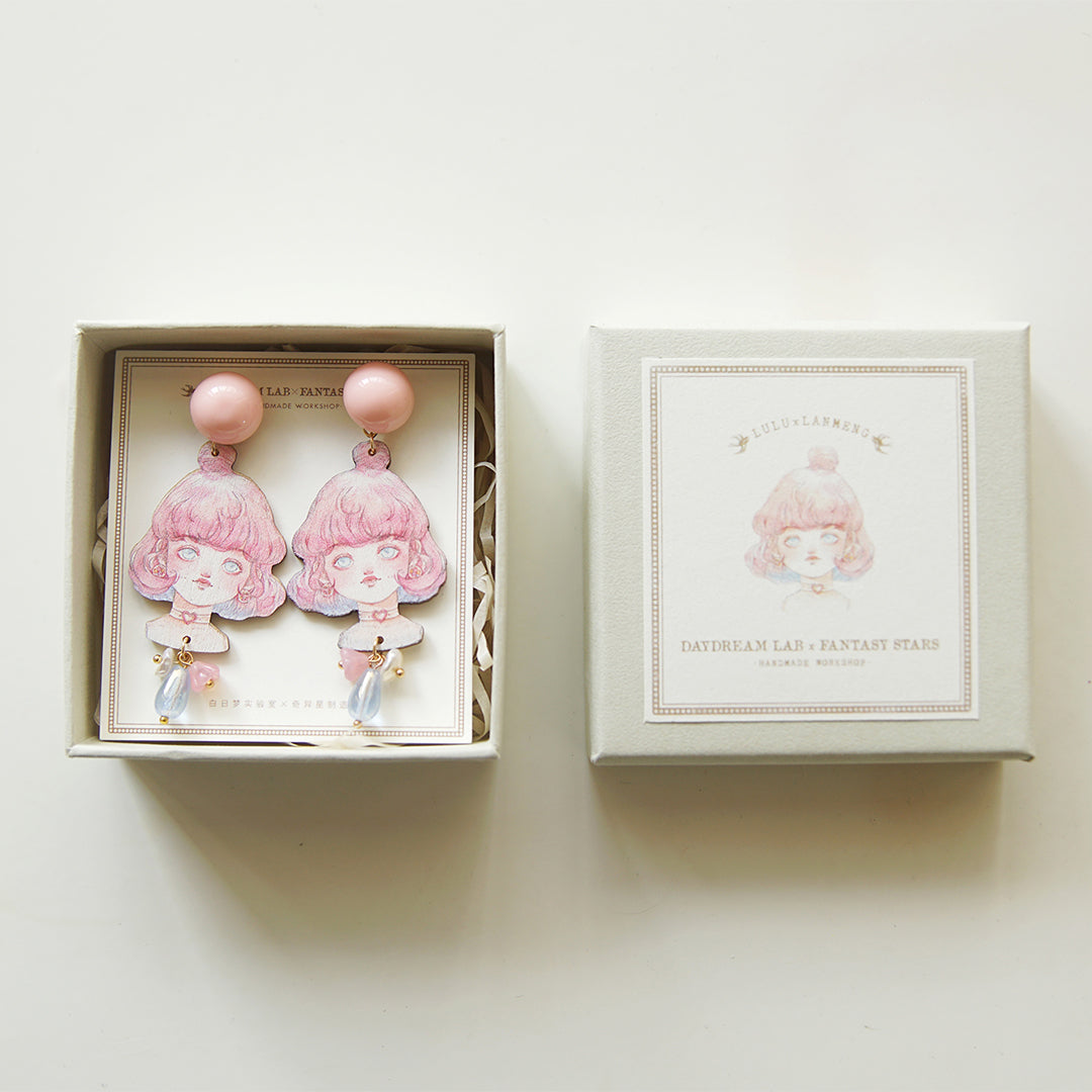 Original Retro Handmade Wooden Girl Pink Ear Clips