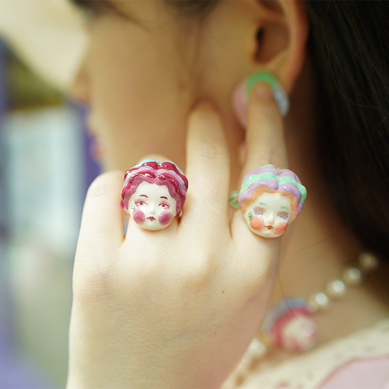 Macaron Porcelain Doll Ring - Purple Hair