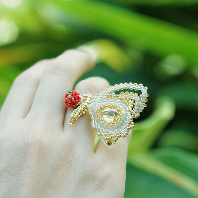 Original Handmade Beaded Butterfly With Rose Ring
