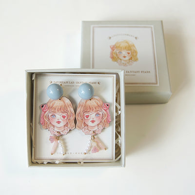 Original Retro Handmade Wooden Girl Blue Ear Clips