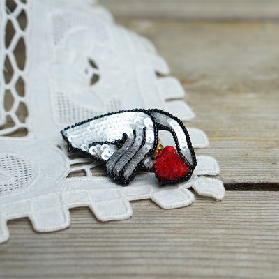 Original Embroidery Design Handmade ''Hand with Love'' Brooch