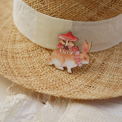 Rabbit Mushroom Original Handmade Wooden Brooch