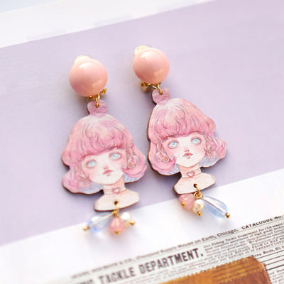 Original Retro Handmade Wooden Girl Pink Ear Clips