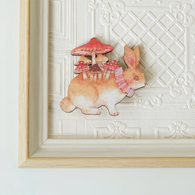 Rabbit Mushroom Original Handmade Wooden Brooch