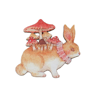 Rabbit Mushroom Original Handmade Wooden Brooch